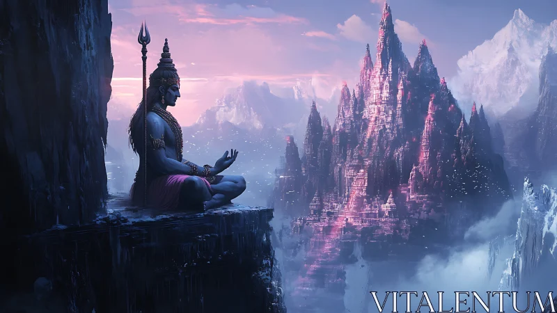 Mountain god breathes stillness toward a crystal citadel of dawn