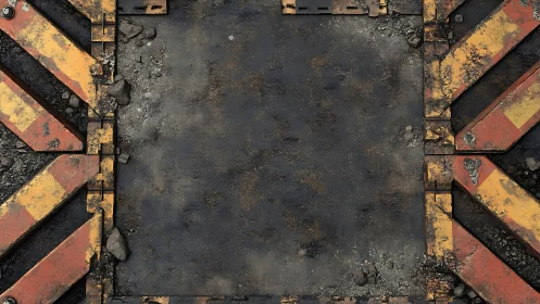 Industrial hazard plate with corroded chevron frame detail.