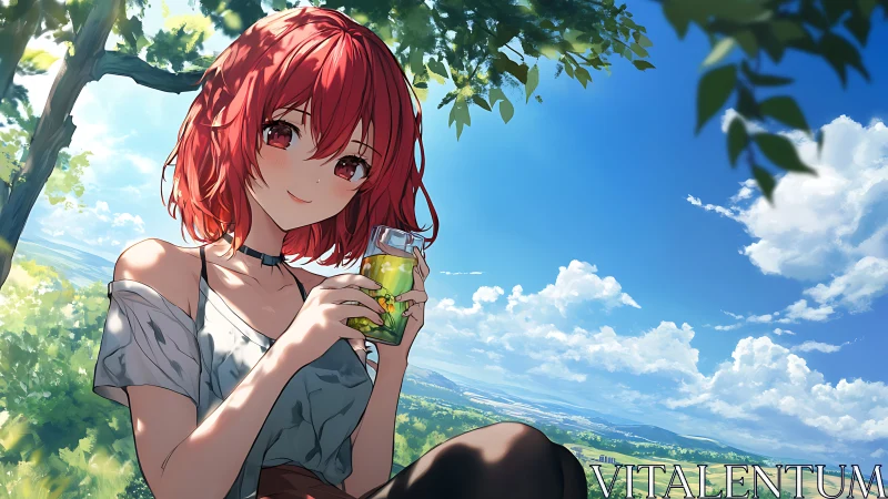 Summer breeze pauses as a red haired girl sips green tea