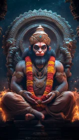 Divine Hanuman seated on flaming throne in jeweled armor