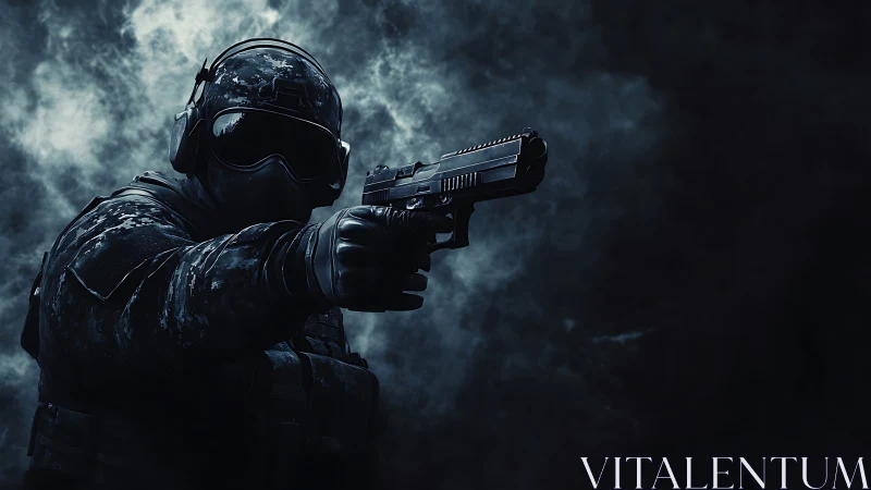 Tactical soldier in dark armor aiming pistol in smoke field.