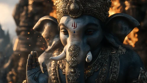 Golden-trimmed elephant deity radiates calm in warm firelight