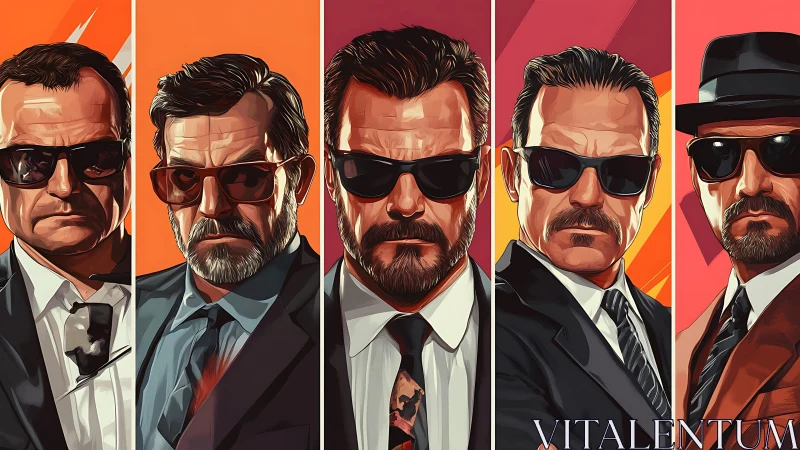 Stylized suited enforcers in bold split-panel portrait series.
