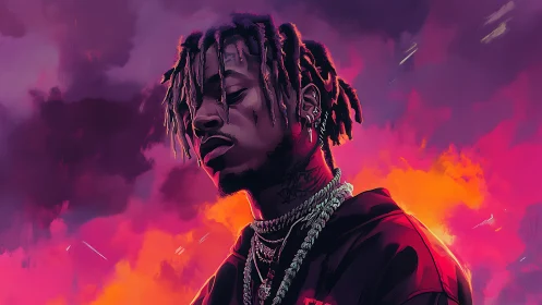 Neon crowned rapper drifting through electric sunset haze.