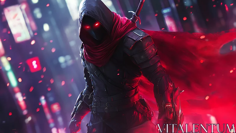 Hooded cyber assassin with red cloak in neon city.