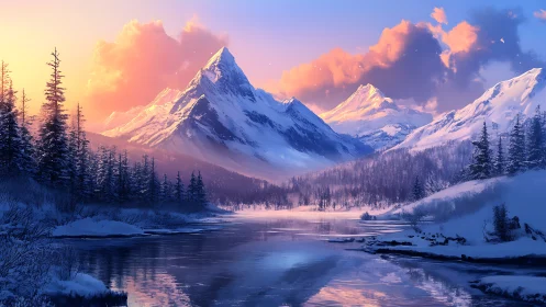 Winter dusk teaches mountains to blush over mirrored river
