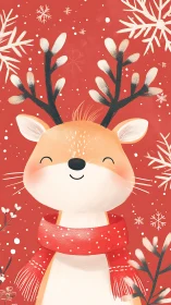 Smiling cartoon reindeer in scarf on red snowy background.