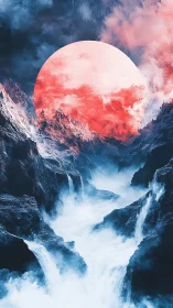Crimson moonrise above roaring glacial cataracts dreamscape.