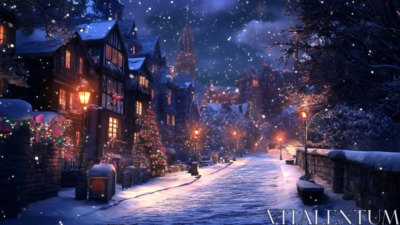 Snowlit village lane humming with cozy winter magic.