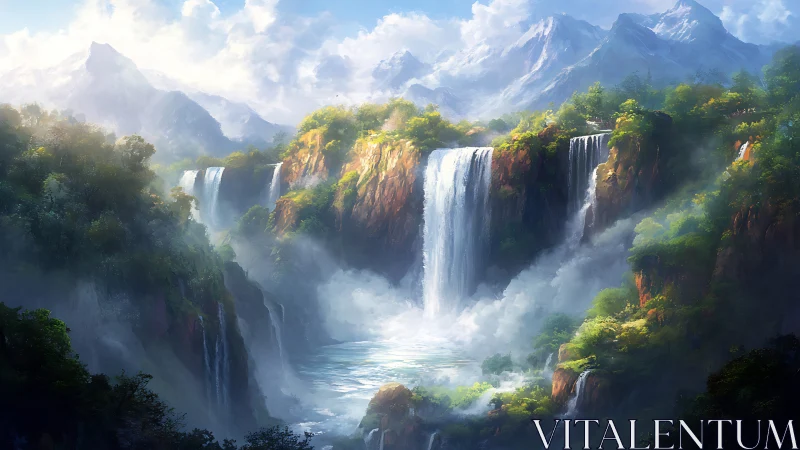 Layered mountain waterfalls in misty forest valley.