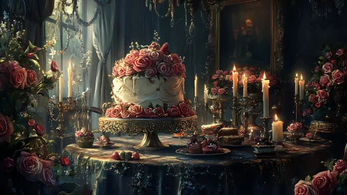 Ornate Tiered Cake with Cascading Roses in Candlelit Grand Setting