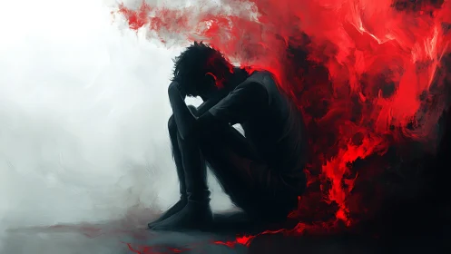 Silhouetted sorrow curls inward as red stormclouds ignite