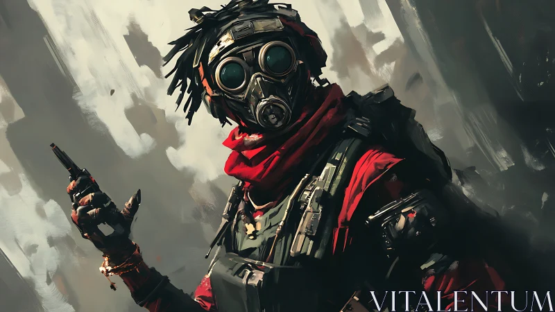 Post-apocalyptic scout in red scarf with gas mask gear.
