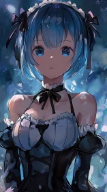Blue haired anime maid girl in detailed evening portrait.