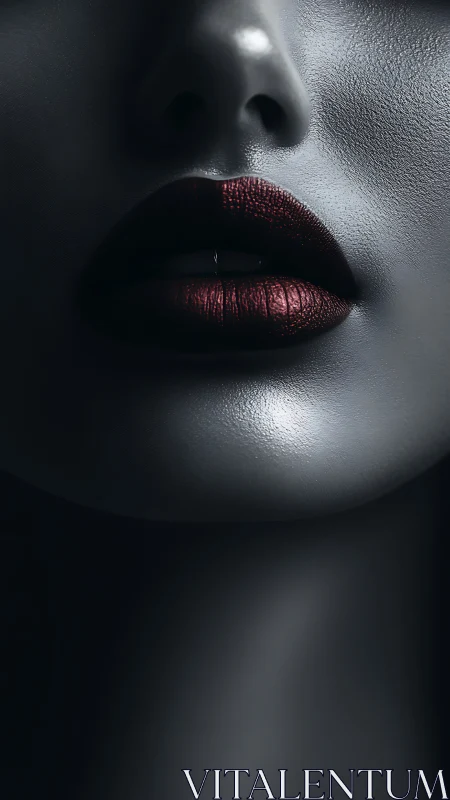 Velvet red lips glow softly against cool shadowed skin