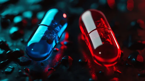 Photorealistic dual capsules in cinematic neon contrast lighting.