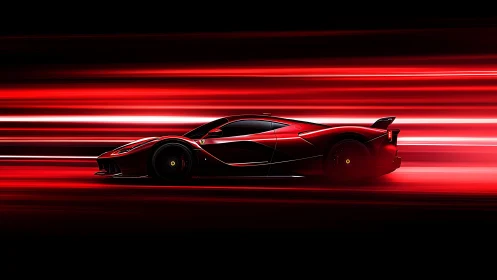 Red supercar slices through neon speed trails at night.