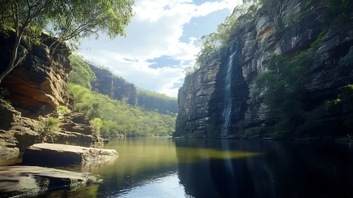 Sunlit sandstone gorge frames tranquil waterfall lagoon