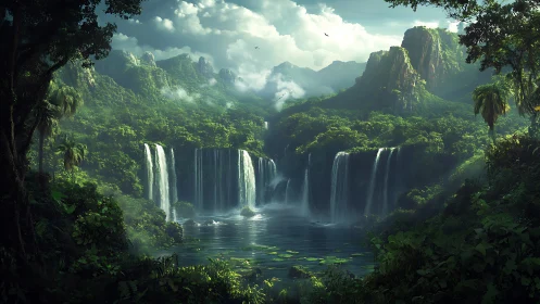 Emerald Curtain Falls in a Mist-Crowned Jungle Basin.