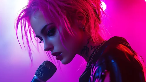 Neon lit punk singer holds microphone under vivid stage glow