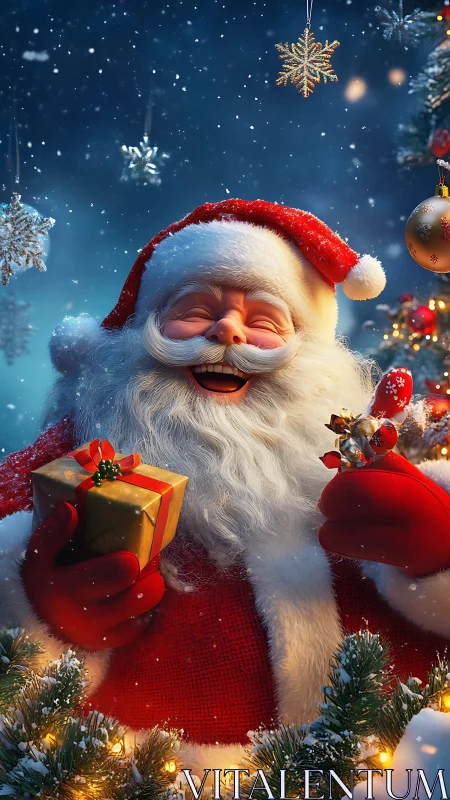 Santa’s joyful laugh wrapped in snowy holiday magic.