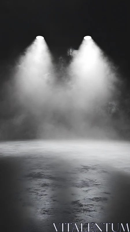 Empty stage under two bright spotlights with smoke.