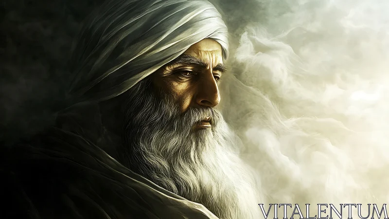 Elderly turbaned man rendered with dramatic rim lighting and fog