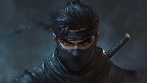 Steely‑eyed masked shinobi rendered with high‑contrast digital brushwork
