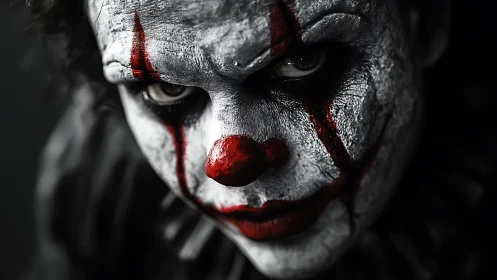 Sinister closeup portrait of a menacing horror clown.