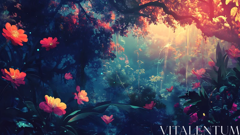 Luminescent jungle glade renders spectral depth and radiant flora