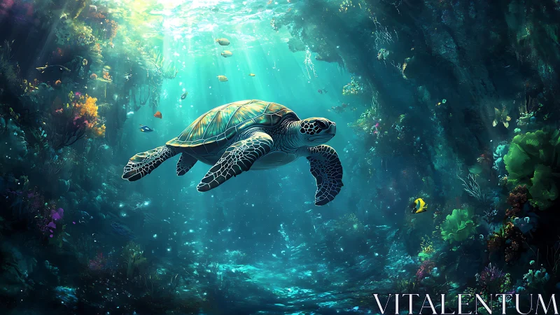 Gentle sea turtle gliding through a glowing coral paradise.