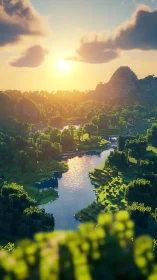 Blocky river valley glows under a warm voxel sunset sky