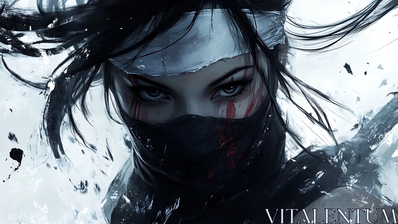 High-contrast ninja portrait uses dynamic brushwork and directional motion
