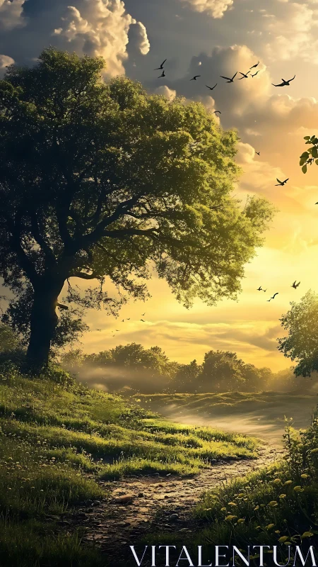 Golden hour woodland path under sprawling oak canopy at dawn