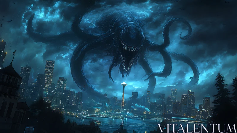 Colossal nightmarish sea beast looming above neon skyline.