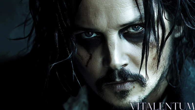 Close cropped portrait of man with dark smeared eye makeup.