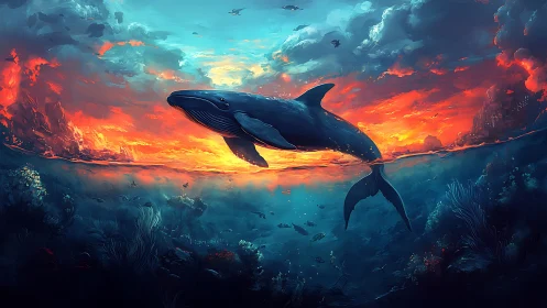 Whale crossing vivid sunset horizon above deep seafloor.