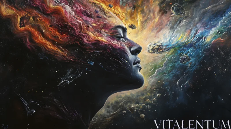 Celestial dreamer dissolves into swirling cosmic nebulae.