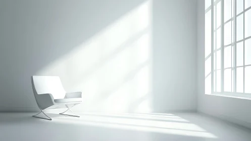 Sunlit silence crowns a lone white chair in vast space