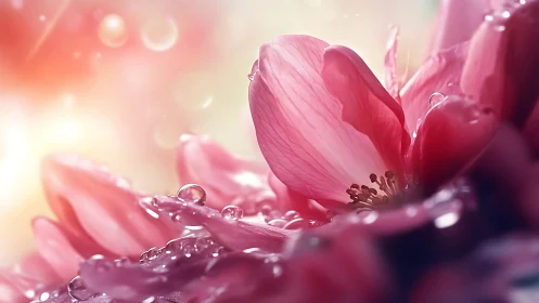 Pink Peonies Adorned with Water Droplets in Luminous Soft Focus