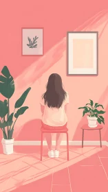 Seated girl in pink interior with plants and framed art.