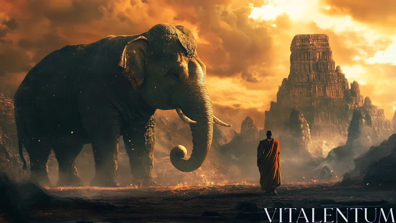 Colossal elephant and monk under molten golden sky.