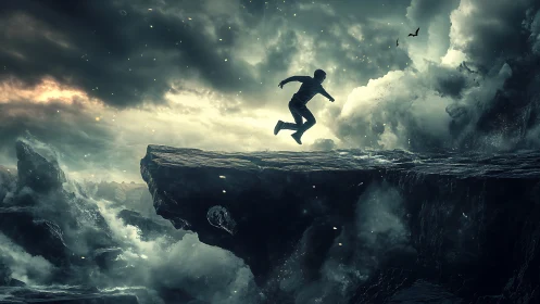 Stormlit cliff runner vaults toward a glowing, cloudlit void