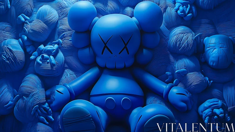 Blue vinyl dreamchild dozing on a sea of restless toys.