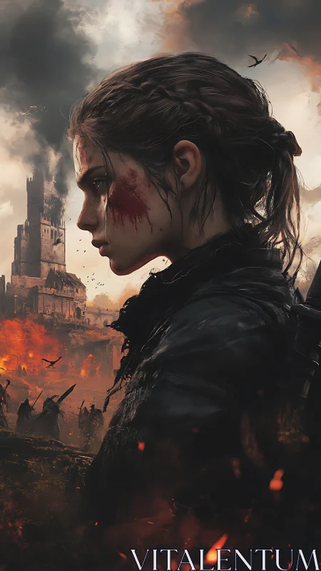 Battle-scarred warrior surveys a burning siege-torn citadel.