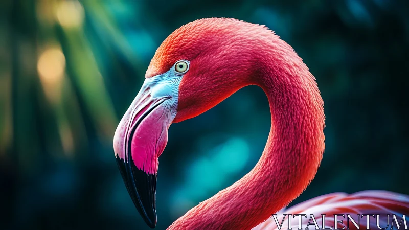 Vibrant close-up of flamingo in lush nature, photorealistic style.