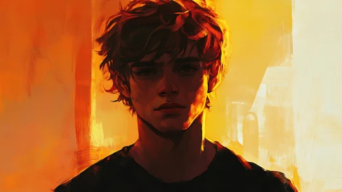 Moody young man portrait in intense golden light.