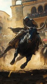 Armored rider charges through dusty plaza atop raging bull