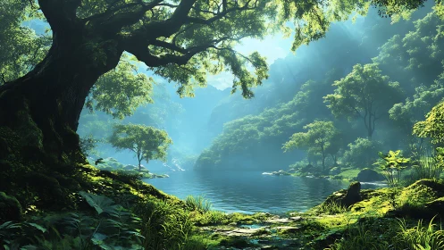 Misty Mountain Lake Valley Landscape.