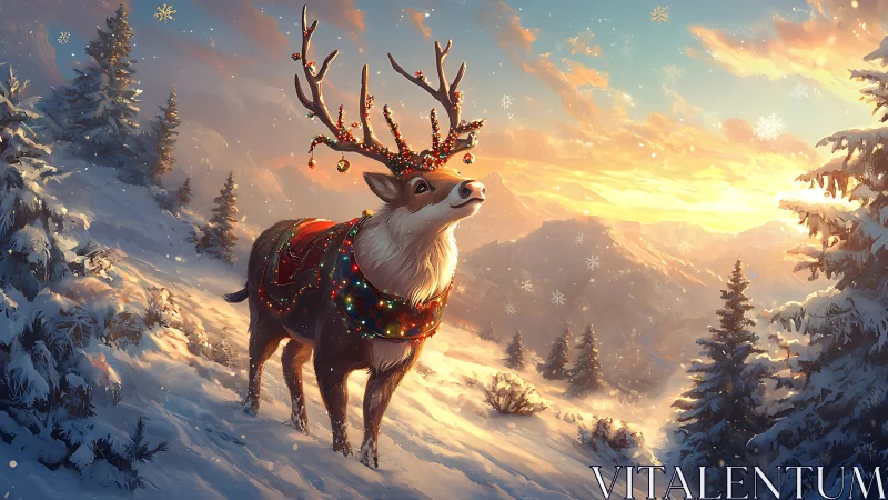 Festive reindeer crowned with lights in glowing winter sunrise.